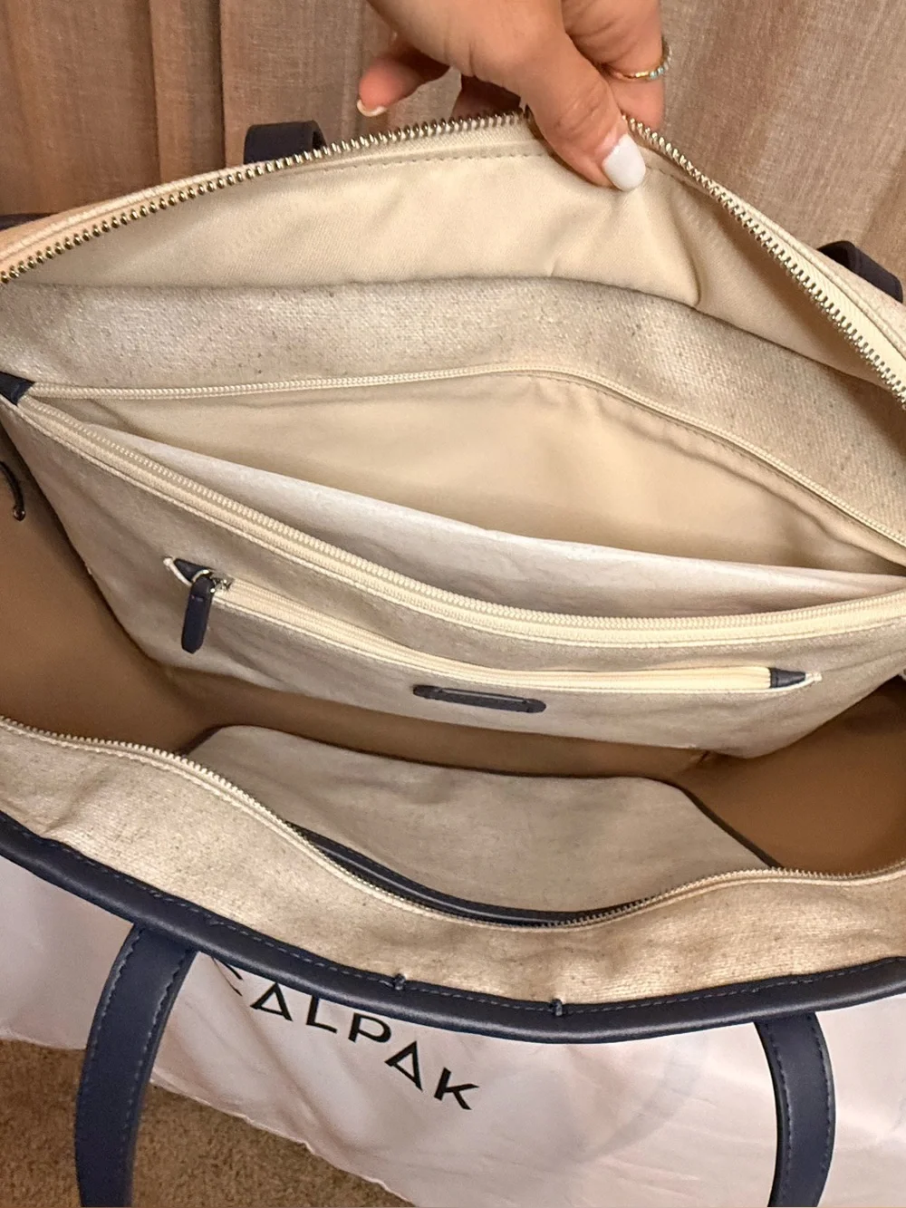CALPAK Colette 15” Canvas Laptop Tote Natural Navy NWOT Work Travel Bag